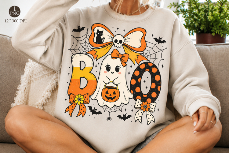 Halloween Ghost Bow Png, Cute Boo Ghost With Bow Sublimation