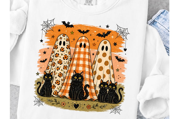 Halloween Ghost Cats PNG, Black Cat and Patterned Ghost Desi