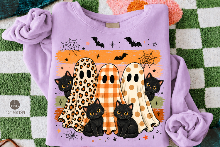 Halloween Ghost Cats PNG,Black Cat and Patterned Ghost PNG