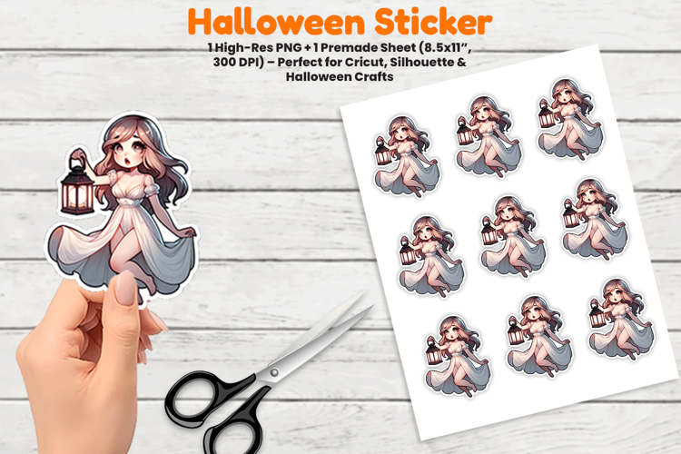 Halloween Ghost Girl Lantern Sticker Sublimation Design PNG
