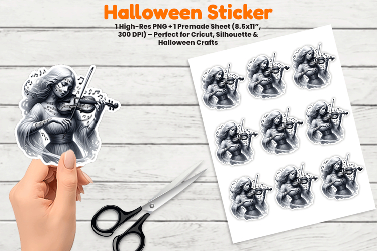 Halloween Sticker, Ghost Girl Sticker, Violin Ghost PNG, Halloween PNG, Spooky Sticker Design, Gothic Halloween Sticker, Retro Ghost PNG, Musical Halloween Sticker, Printable Halloween Stickers, Cricut Halloween Design