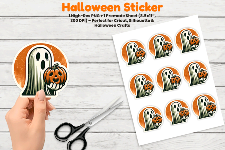 Halloween Ghost Holding Pumpkin Sticker Sublimation Design