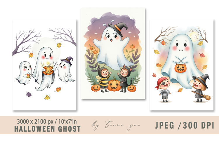 Cute watercolor Halloween ghost - 3 jpeg files