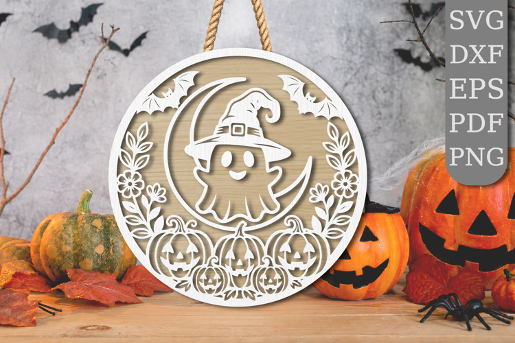 Halloween Ghost Moon Scene Laser Cut SVG