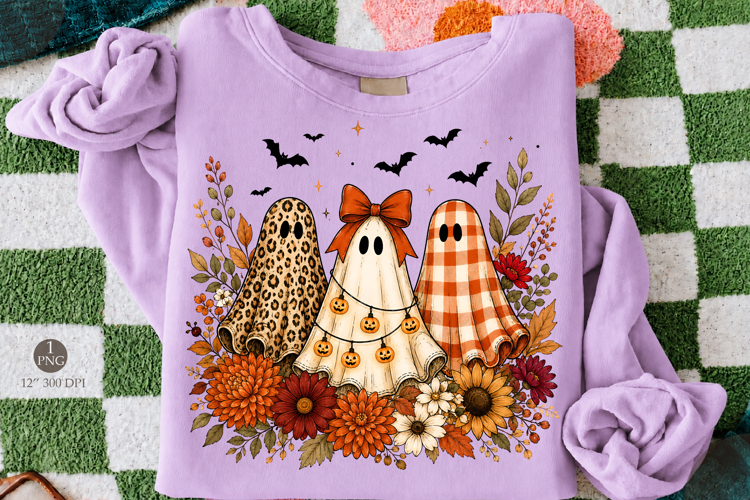 Halloween Ghost Trio PNG,Leopard Gingham Floral Design