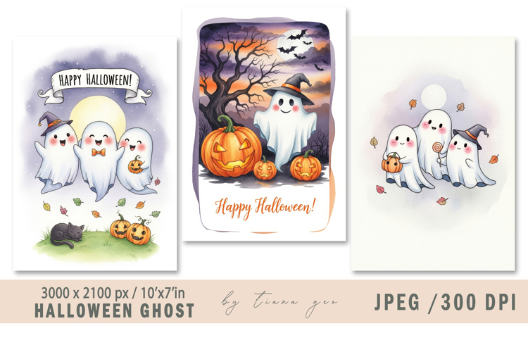 Cute watercolor Halloween ghost - 3 jpeg files