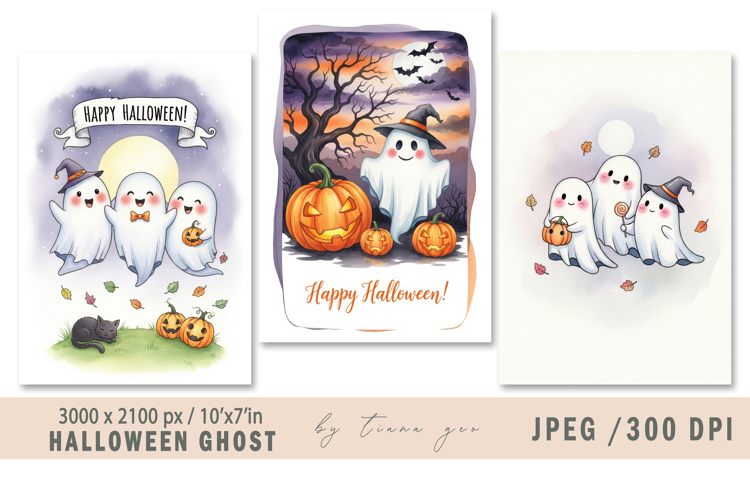 Cute watercolor Halloween ghost - 3 jpeg files