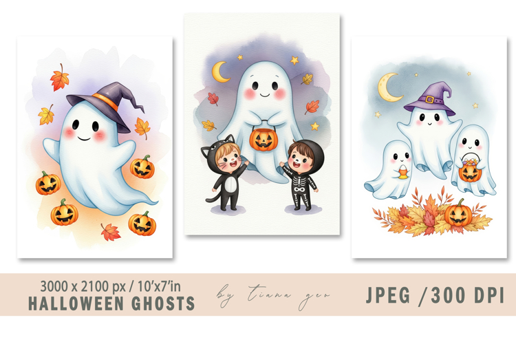Cute watercolor Halloween ghost - 3 jpeg files