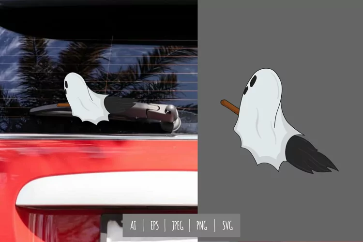 Halloween Ghost on Broom Rear Wiper Car Decal Sticker