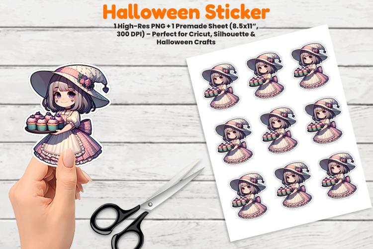 Halloween Girl Bonnet Cakes Sticker Sublimation Design PNG