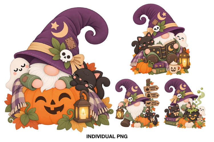 Cute Halloween Gnome Clipart PNG, Witch Gnome and Black Cat
