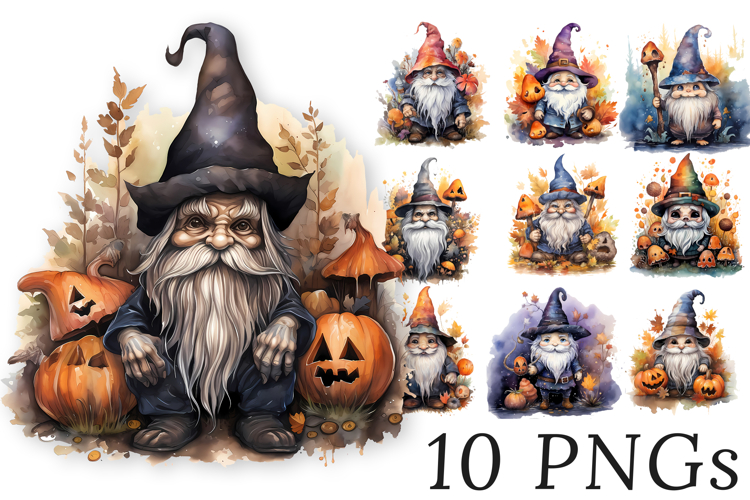 Halloween Gnomes Clipart Bundle | 10 Cute Watercolor Gnomes