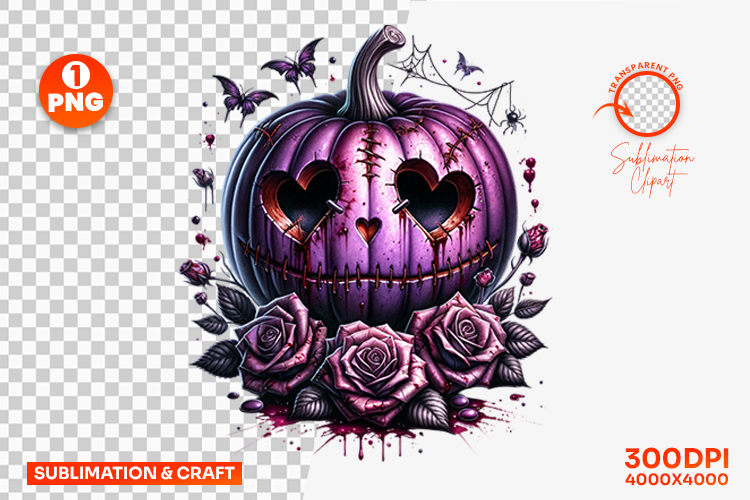 Halloween Gothic Rose Heart Pumpkin Clipart PNG Sublimation