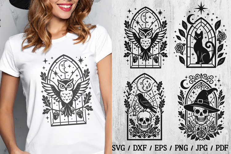 Halloween Gothic Stained Glass | Owl, Cat, Skull, Raven SVG