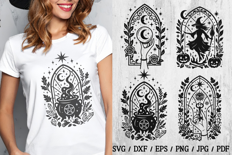 Halloween Gothic Stained SVG | Witch, Cauldron, Moon, Key