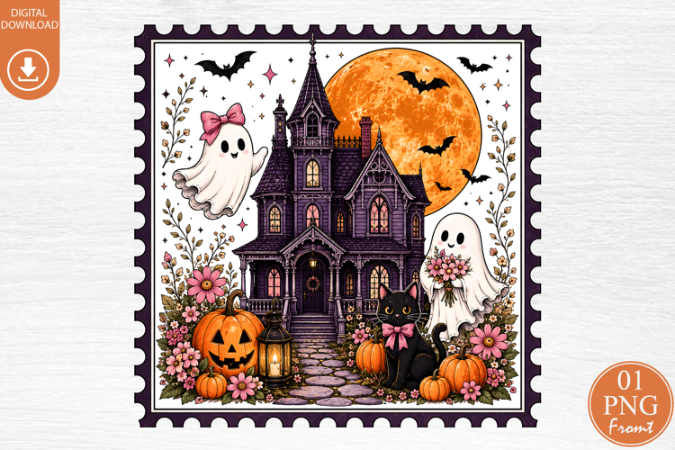 Halloween Haunted House Postage Stamp PNG