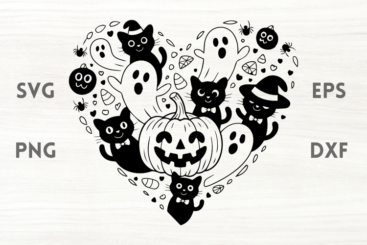 Halloween Heart SVG - Black cats and ghosts