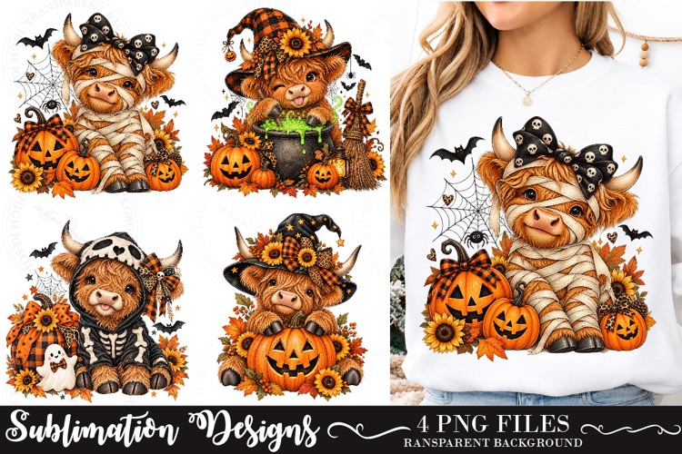 Trending Funny Halloween Highland Cow Png, Cute Pumpkin PNG