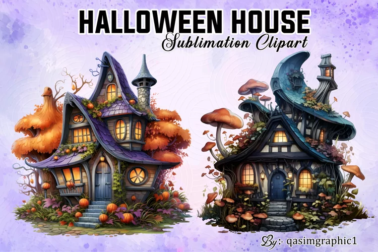 Halloween Houses Watercolor Clipart PNG