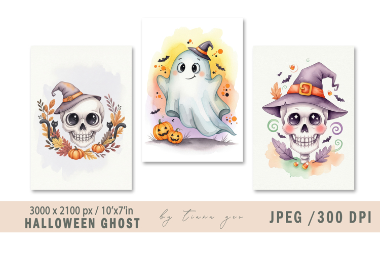Cute watercolor Halloween skull illustration- 3 jpeg file