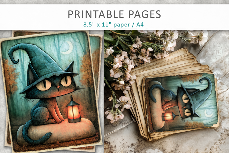 Halloween Junk Journal Pages, Black Cat Halloween