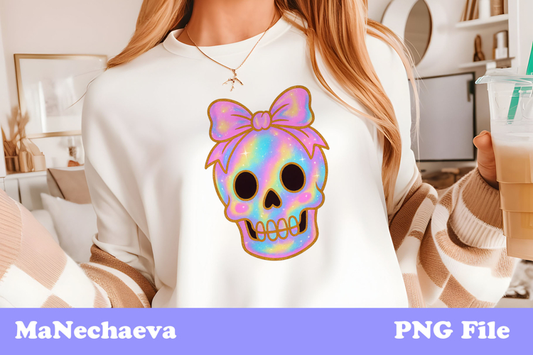 Halloween Iridescent Coquette PNG | Cute Skull With Bow