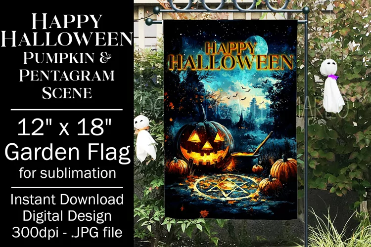 Halloween Garden Flag, Happy Halloween Pumpkin Pentagram