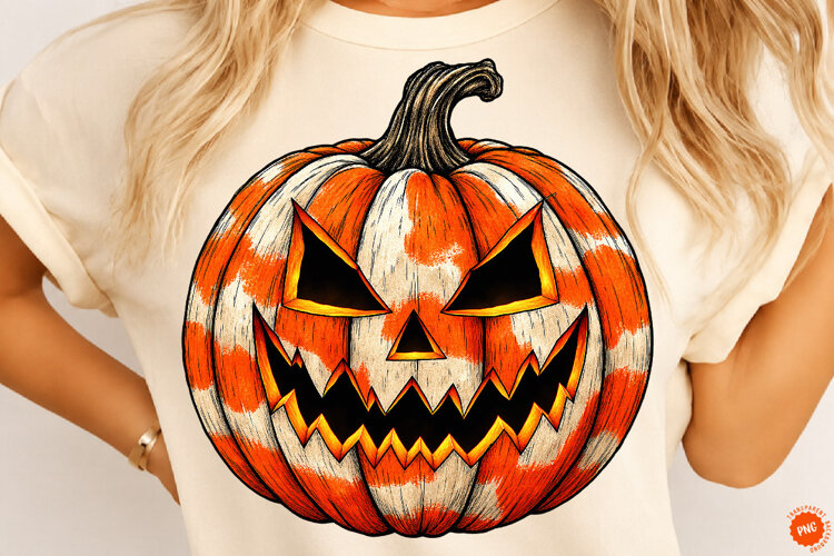 Halloween Jack O Lantern PNG, Retro Striped Pumpkin Design example image 1