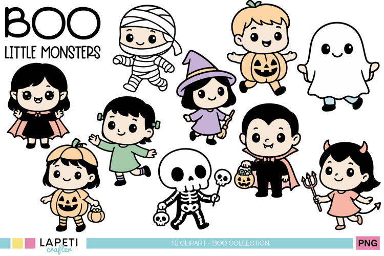 Halloween Kids Clipart Set, Cute Little Monsters PNG
