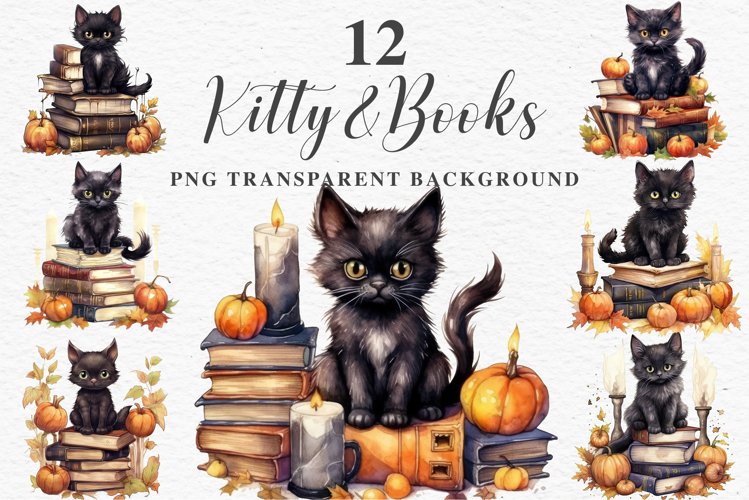 Halloween Kitten On Books Cats Spooky Clipart PNG Scrapbook