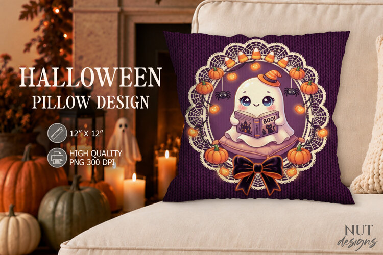 Cute Ghost Halloween Pillow Reading Ghost example image 1