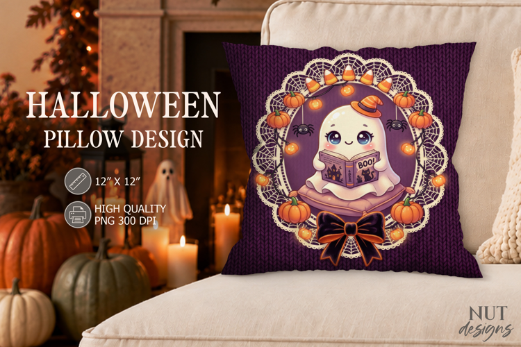Cute Ghost Halloween Pillow Reading Ghost