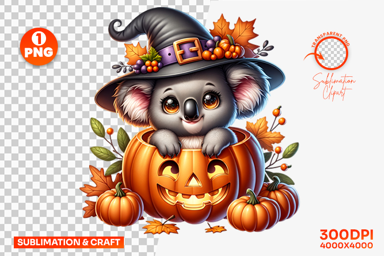 Halloween Koala Inside Pumpkin Clipart PNG Sublimation