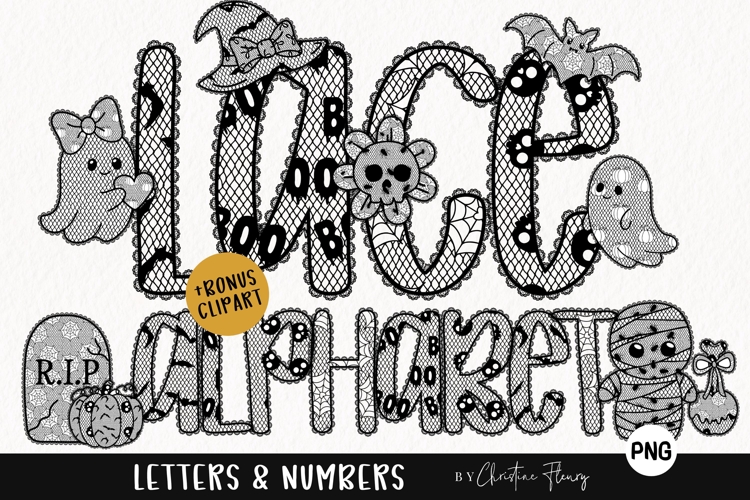 Preppy Halloween Lace PNG Alphabet Bundle & BONUS Clipart