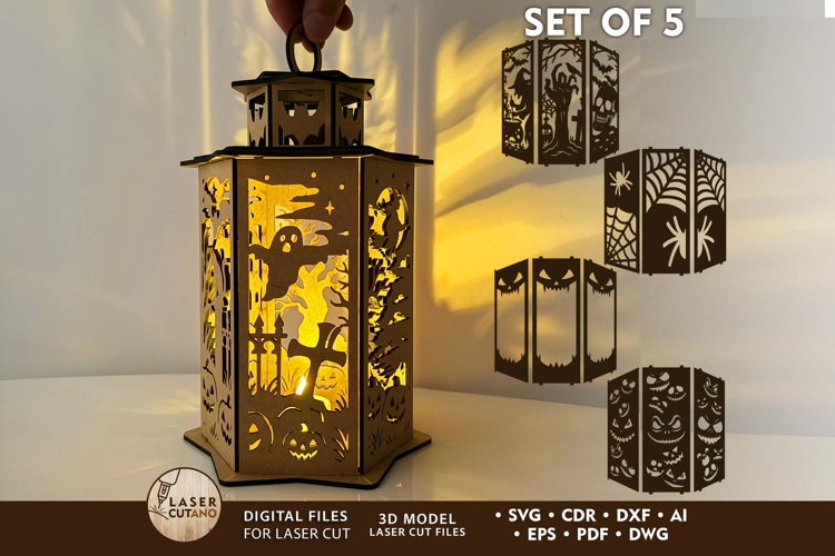Halloween Lantern Set of 5 | Candle Holder Laser Cut Files