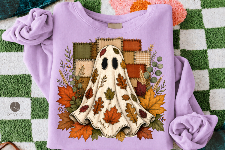 Halloween Leaf Ghost PNG,Rustic Autumn Burlap Patch work