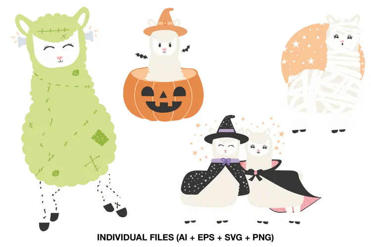 Halloween Llama Clipart with Cute Spooky Costume Characters