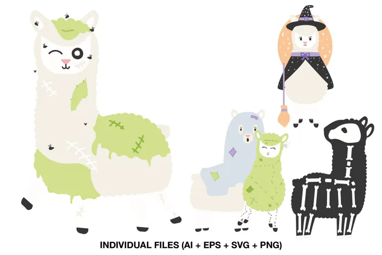 Halloween Llama Clipart, Cute Skeleton and Spooky Alpaca