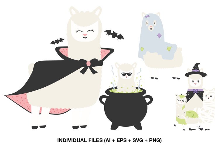 Halloween llama clipart collection with four cute spooky characters