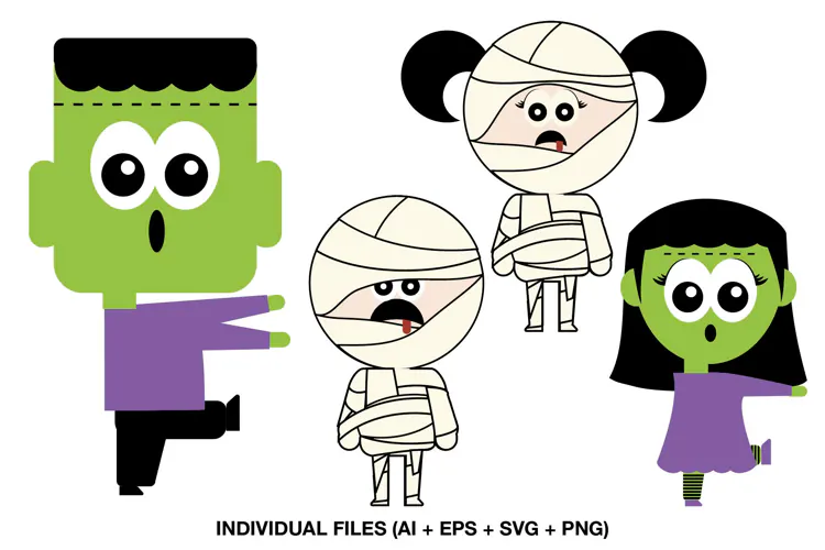 Halloween Frankenstein and Mummy Clipart, Spooky Kids