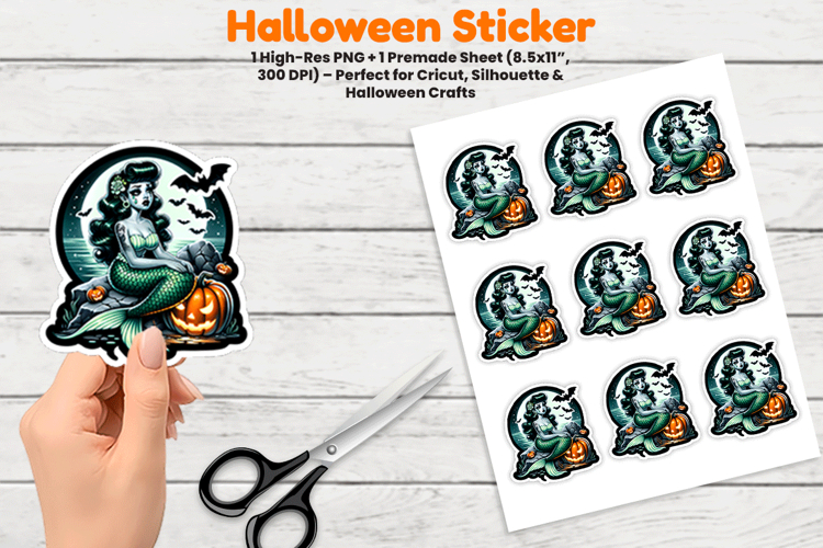 Halloween Mermaid Pumpkin Bats Moon Sticker Sublimation PNG