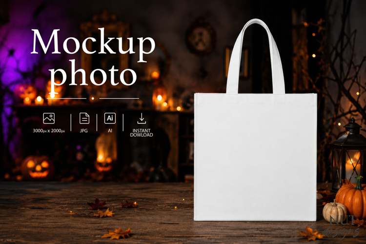 Halloween Tote Bag Mockup Photo White bag Pumpkin dark back