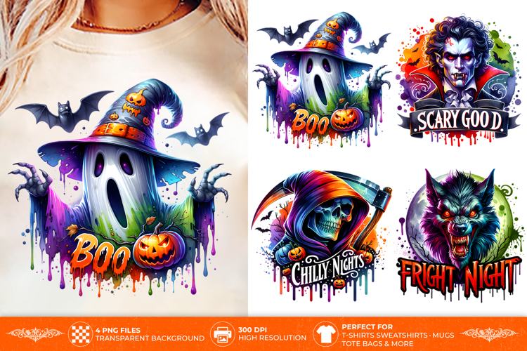 Halloween Monster PNG | 4 Ghost Vampire T-Shirt Designs