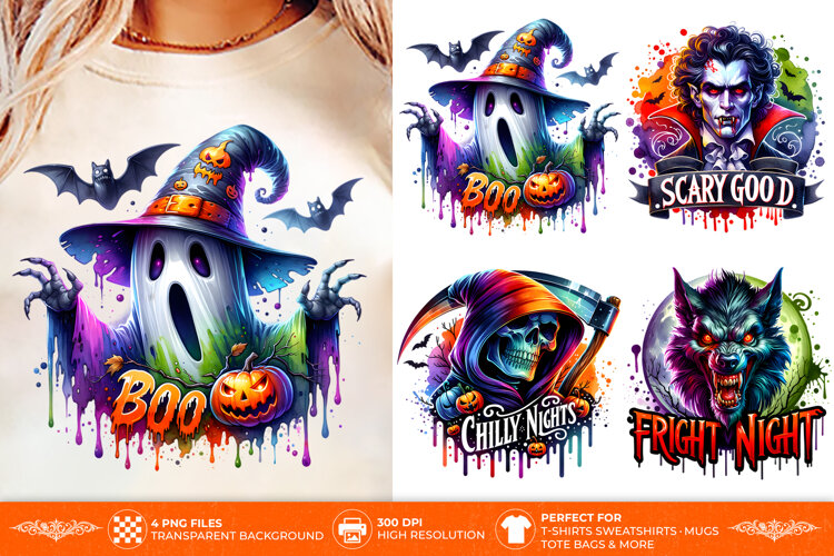 Bring playful spooky-season character to your creative projects with this Halloween Monster PNG featuring 4 ghost and vampire T-shirt designs.