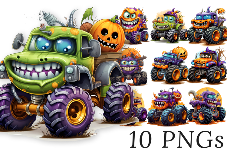 Cute Halloween Monster Truck Clipart - 10 Transparent PNGs