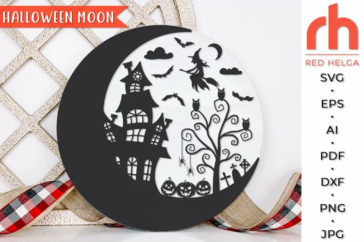 Halloween Moon SVG, Witch and Moon Cut File, Witch House DXF