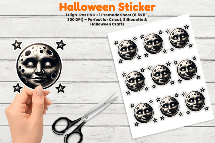 Halloween Moon Face Stars Sticker Sublimation Design PNG