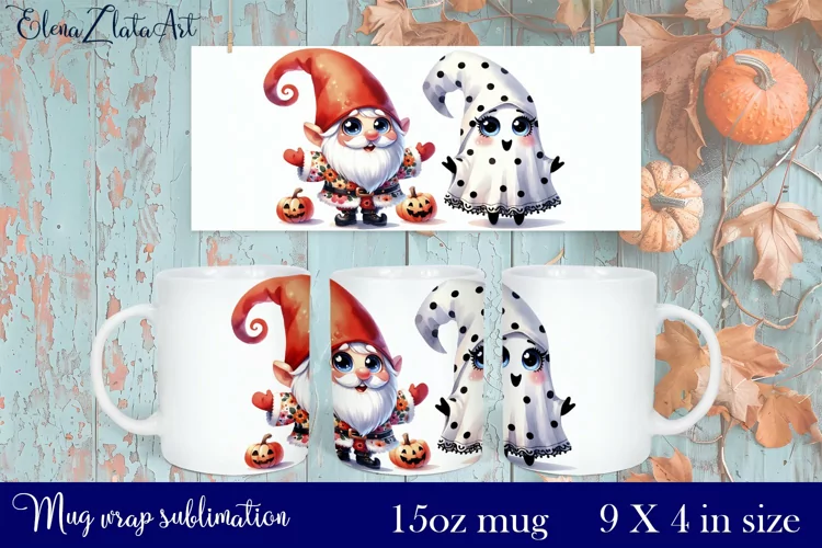 Halloween Gnome and little ghost Mug Wrap Sublimation 15oz