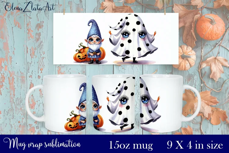 Halloween Gnome and little ghost Mug Wrap Sublimation 15oz