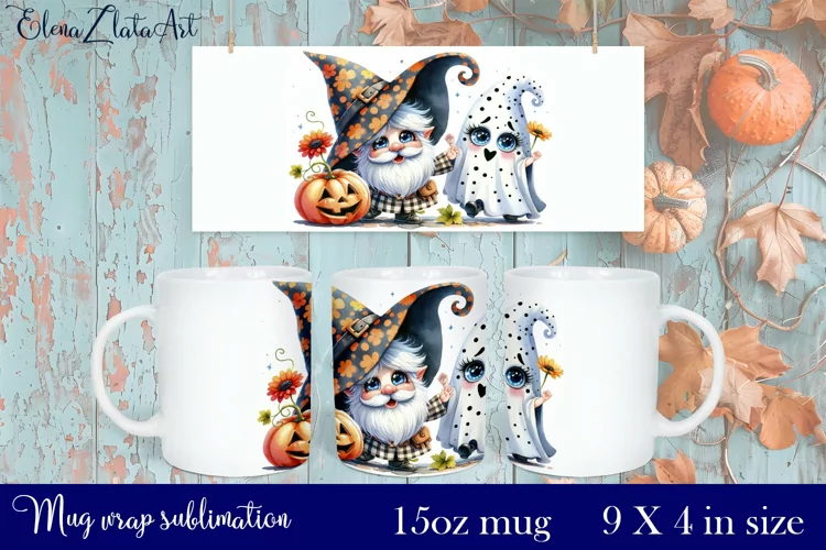 Halloween Gnome and little ghost Mug Wrap Sublimation 15oz